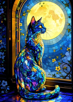blue stained glass cat looking through the windows under a bright moon light