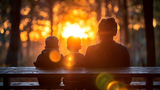 Capturing golden hour: A mother and two sons embrace nature's beauty in serene park