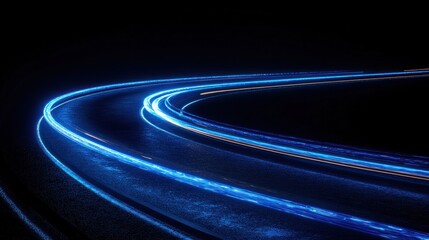 Abstract glowing blue light trails on a curved path.