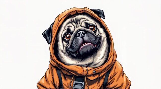 Happy pug in orange hoodie, white background, illustration, pet fashion
