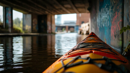 Urban river kayaking under bridges and past graffiti-covered walls, gritty and modern vibe
