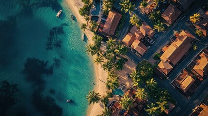Bird's-eye view showcases coastal luxury villas amidst tropical turquoise ocean bliss