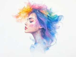 Colorful watercolor portrait of a woman.