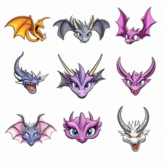 Obraz premium Adorable Dragon Heads Cartoon Illustrations, Fantasy Creature Art
