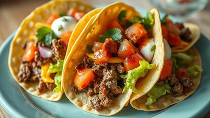 Authentic taco trio with seasoned meat, fresh vegetables, cheese and tangy sauce, served on a blue plate for a delightful meal.