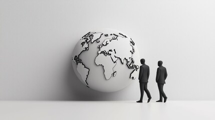 Miniature Businessmen Walking Past a Large Earth Globe Against a Textured White Wall