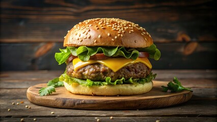 Juicy Cheeseburger on Rustic Wooden Board, Fresh Lettuce, Melted Cheese, Sesame Seed Bun