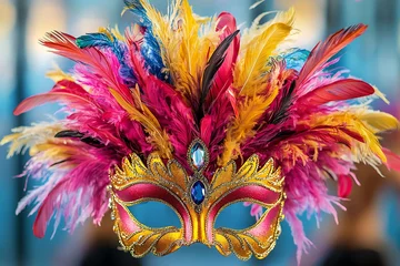 Vibrant feathered carnival mask with gemstones and dancers in motion