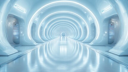 Obraz premium Futuristic corridor, glowing, reflective, transport, space, interior design, website banner