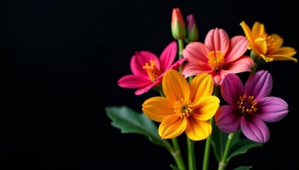 Vibrant bouquet of multicolored flowers on black background, illustration, flowers