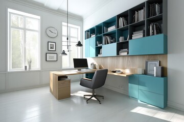 A contemporary office design with a light teal and walnut wooden wall unit, offering integrated shelving