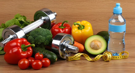 Healthy Lifestyle Concept with Vegetables, Dumbbell and Water Bottle


