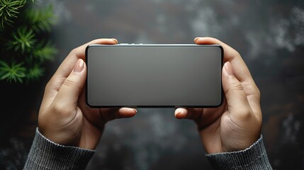 Front-focused realistic close-up of mobile phone mockup held firmly in both hands