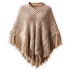 Beige Knitted Poncho with Fringe Detailing Womens Winter Fashion Apparel