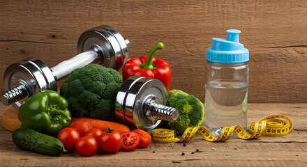 Healthy Lifestyle Concept with Vegetables, Dumbbell and Water Bottle

