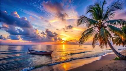 Serene Sunset Seascape A Small Boat Anchored Near Shore with Palm Trees Silhouetted Against Vibrant Colors of the Twilight Sky