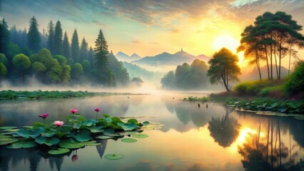 Serene Sunrise Over Misty Lake with Lotus Blossoms and Majestic Mountain Silhouette