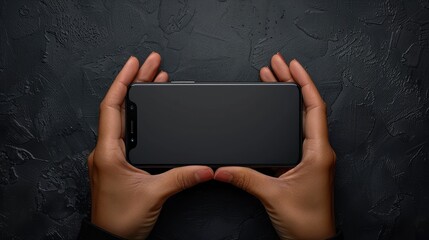 HD close-up of hands holding a mobile phone mockup horizontally on a dark black background