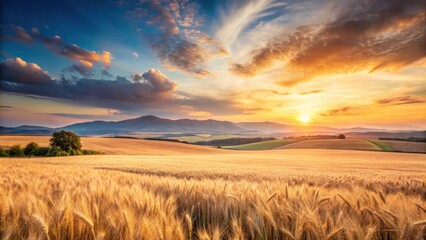 Obraz premium Golden Wheat Field at Sunset with Rolling Hills and Dramatic Sky