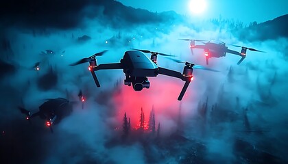 Drones Flying Misty Mountaintop.