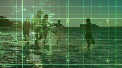 Silhouettes of people playing in ocean over digital grid animation - Powered by Adobe