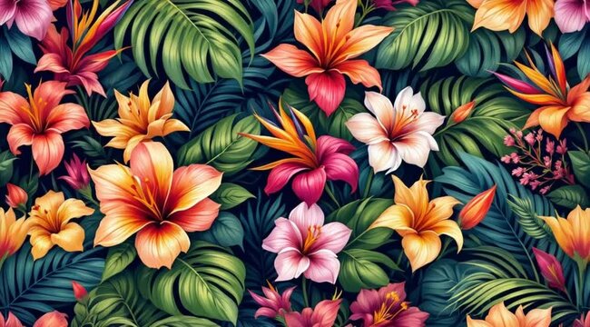 Tropical flowers and leaves seamless pattern