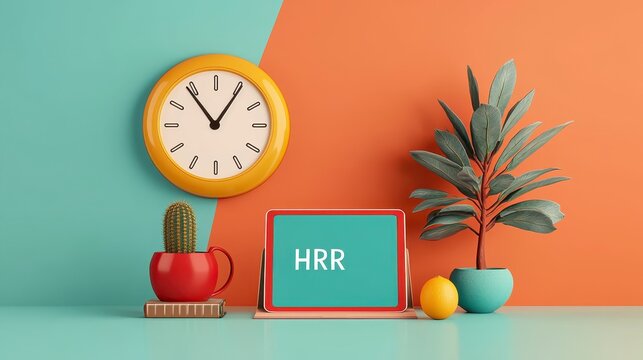 Modern Minimalist Office Workspace with HRR Tablet, Teal and Burnt Orange Background