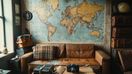 Cozy living room with a map and vintage travel themed decor