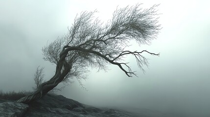 Bare Tree Leaning on Rocks in Dense Fog Landscape Image