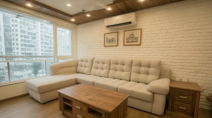 Fototapeta premium Modern Living Room Interior Design Beige Sofa Brick Wall City View