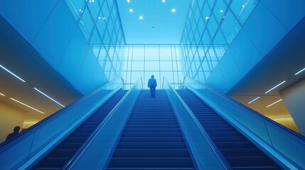 Fototapeta premium Upward view of modern city skyscrapers with blue glass facades against a clear sky