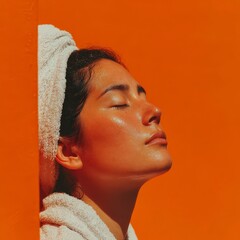 Fototapeta premium Serene Woman Sun Kissed Skin Spa Day Relaxation Towel