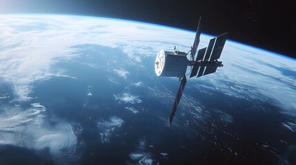 Obraz premium Satellite orbits above earth showing continents and oceans in a dark space.