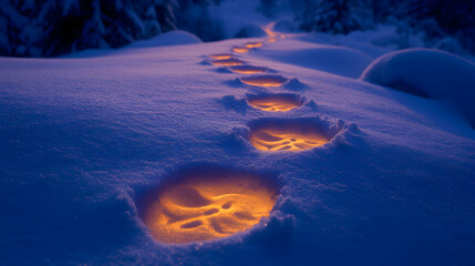 Enchanting winter scene glowing footprints in the snow illuminate a path through a serene snowy landscape at twilight.