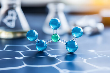 Molecular model on a scientific background.  Close-up of a vibrant blue and green molecule structure, showcasing scientific research and innovation.