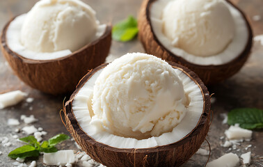 Creamy coconut ice cream in shell brings refreshing tropical vibe and tastes heavenly, making it delectable treat and evokes pure indulgence
