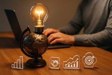 Man typing with light bulb on tech globe, futuristic concept of digital innovation, online business intelligence and international technological development.