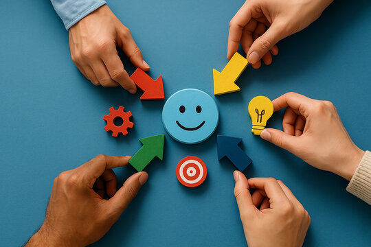 Team collaboration and innovation pointing to customer satisfaction symbolized by colorful arrows and icons targeting a happy face on blue background