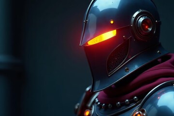 Fototapeta premium Close-up of a knight's helmet with a glowing vision visor, helmet, medieval