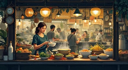 Woman in Asian street food market, bustling scene, food preparation - Powered by Adobe
