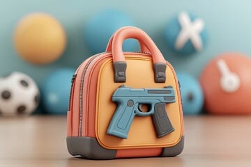 Orange Satchel Bag with Blue Handgun on Wooden Surface