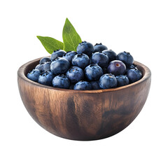 Freshly picked blueberries in wooden bowl isolated on white background