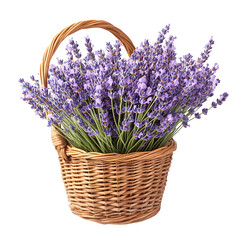 Wicker basket filled with lavender bunches isolated on white background