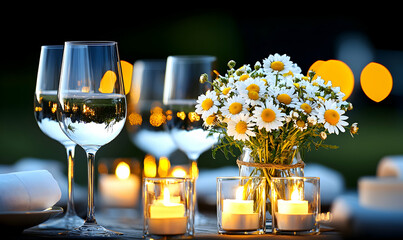 Romantic outdoor dinner setting with candles, wine glasses, and daisies. Perfect for celebrating special occasions or promoting fine dining.