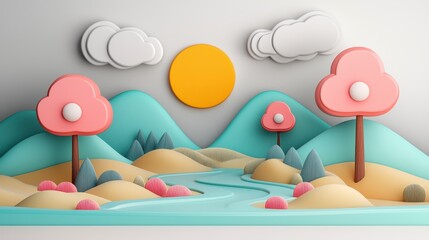 Pastel 3D Landscape with Cartoon Trees and River