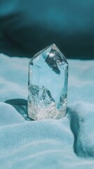 Obraz premium Clear quartz crystal point on a light blue fabric. Perfect for meditation, energy healing, or spiritual imagery.
