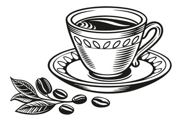 A white coffee cup with brown beans, a hot espresso drink isolated on a black saucer