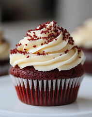 Red velvet cupcake with cream looks delightful and festive. dessert presentation is beautiful, makes you want to enjoy it