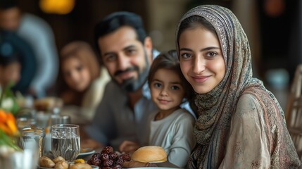 Obraz premium Family breaking fast together during Ramadan with traditional dishes, dates, and water beautifully arranged on the table
