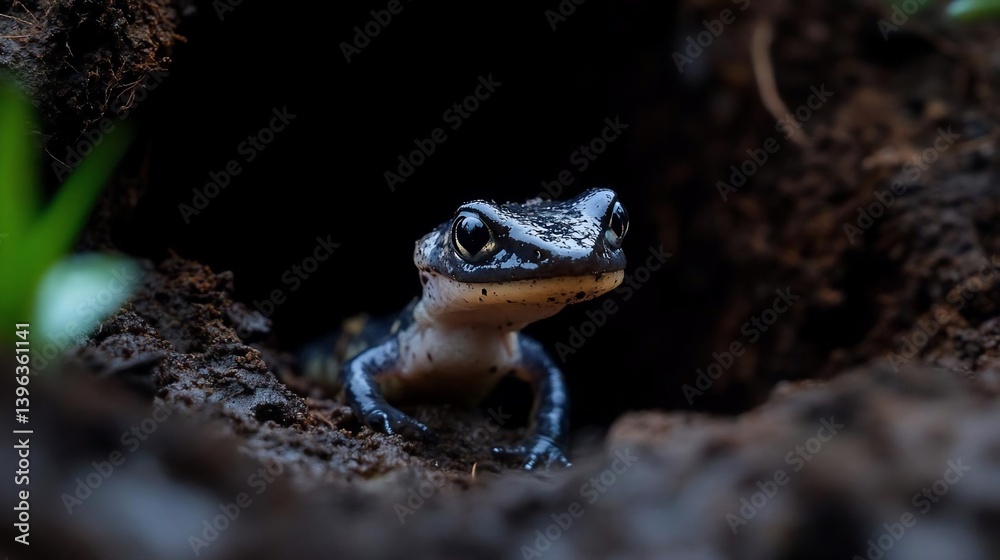 Aufkleber close-up view of a small amphibian with dark and light markings emerging from a dark burrow in the g